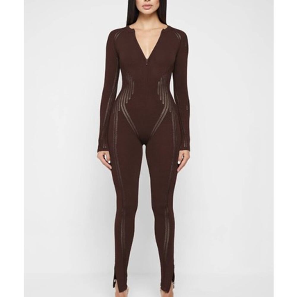EUC Manière De Voir Knitted Contour Jumpsuit Brown Sz M Long Sleeve Zip Bodysuit